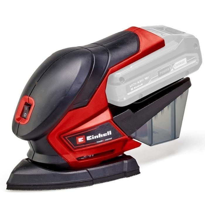 Einhell Akku-Multischleifer TE-OS 18/150 Li-Solo in Rot-Schwarz mit Delta-Schleifplatte und Staubfangbox, Akku transparent angedeutet