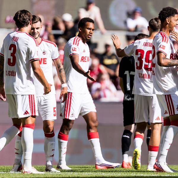 COLOGNE, GERMANY - AUGUST 08: Nilas Yacobi 1. FC Koeln, 42 celebrates scoring the 2:1 goal with his teammates during a friendly match of season 2026/27 between 1. FC Köln vs. Real Sociedad San Sebastian at RheinEnergiestadion on August 08, 2026 in Cologne, Germany. North Rhine Westphalia Germany Copyright: xSteffiexWunderlx