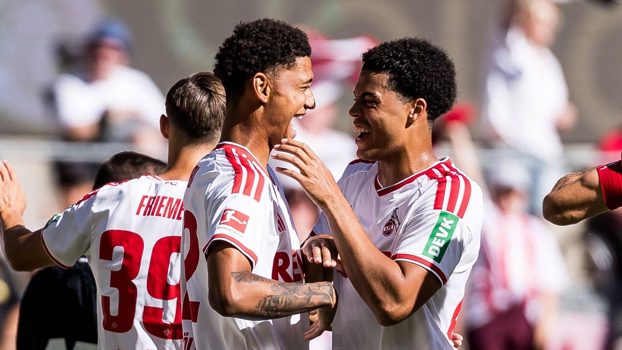 COLOGNE, GERMANY - AUGUST 08: Nilas Yacobi 1. FC Koeln, 42 celebrates scoring the 2:1 goal with his teammates during a friendly match of season 2026/27 between 1. FC Köln vs. Real Sociedad San Sebastian at RheinEnergiestadion on August 08, 2026 in Cologne, Germany. North Rhine Westphalia Germany Copyright: xSteffiexWunderlx