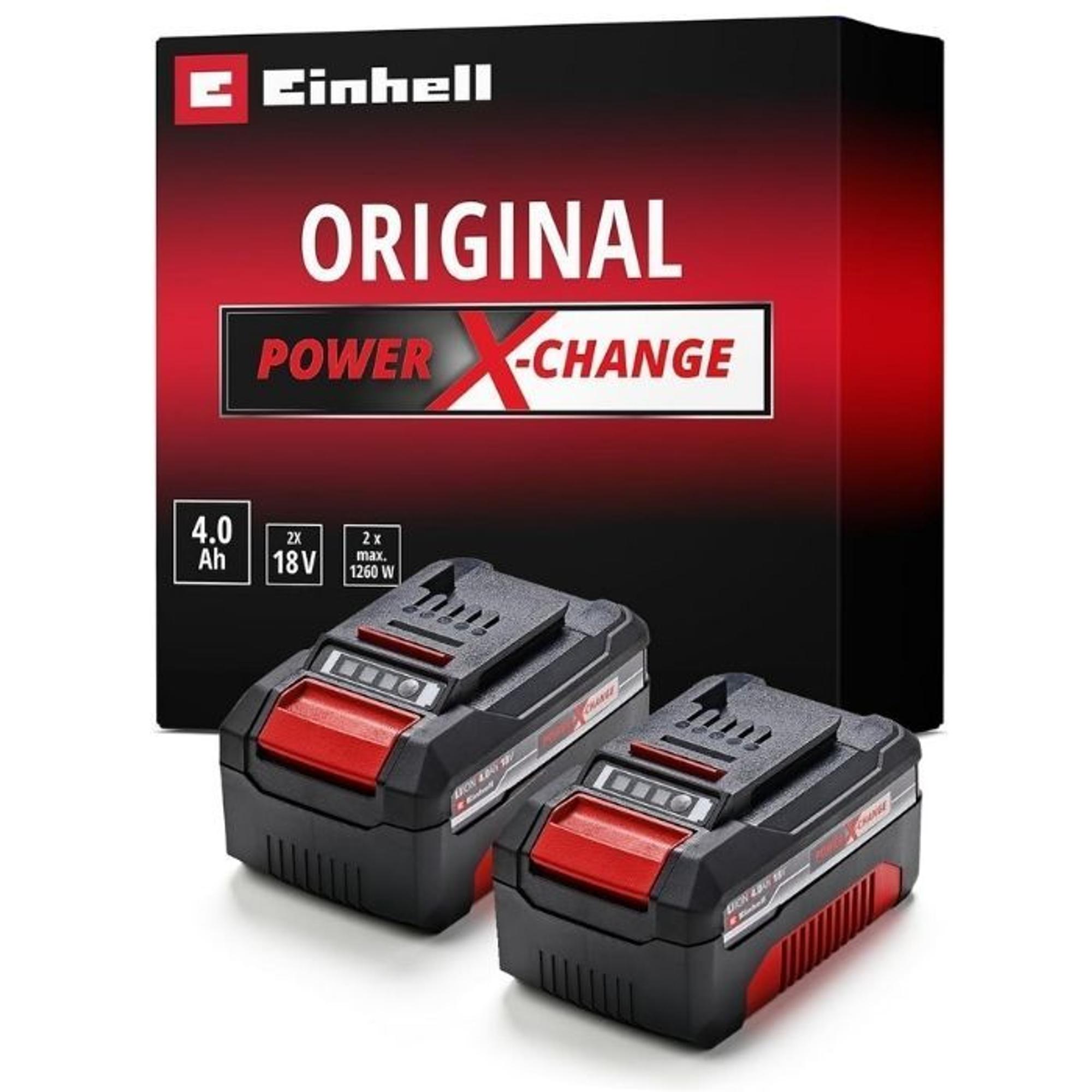 Einhell Original Akku-Twinpack Power X-Change mit zwei schwarzen 18-Volt-4,0-Ah-Lithium-Ionen-Akkus vor roter Produktverpackung