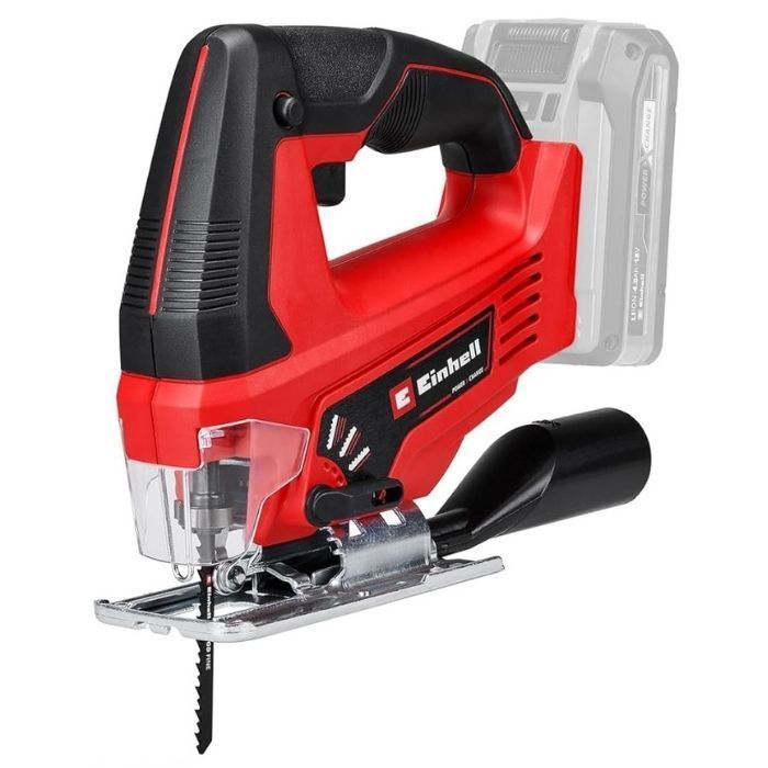 Einhell Akku-Stichsäge TC-JS 18 Li Power X-Change in Rot-Schwarz mit eingespanntem Sägeblatt, Akku transparent angedeutet