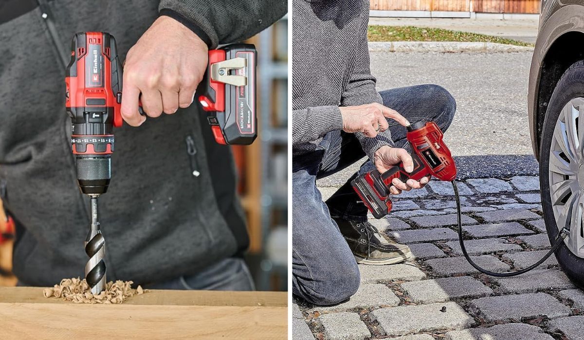 Collage aus zwei Anwendungsfotos: links eine Hand mit Einhell Akku-Schlagbohrschrauber beim Bohren in Holz, rechts eine Person mit Einhell Akku-Autokompressor beim Aufpumpen eines Autoreifens