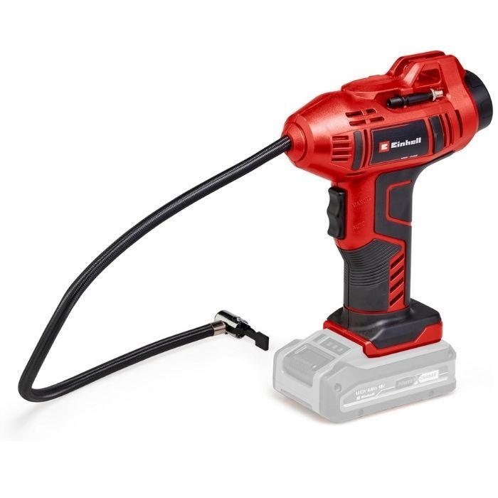 Einhell Akku-Autokompressor CE-CC 18 Li-Solo in Rot-Schwarz mit 60-cm-Druckluftschlauch und Reifenventil, Akku transparent angedeutet