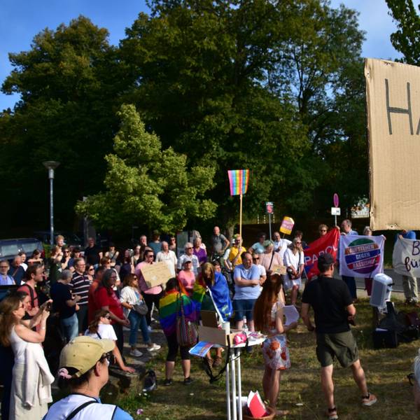Vertreter mehrerer Demokratie-Initiativen aus dem Kreisgebiet protestierten vor dem Lokal in Hennef-Stein, in dem sich die AfD traf.