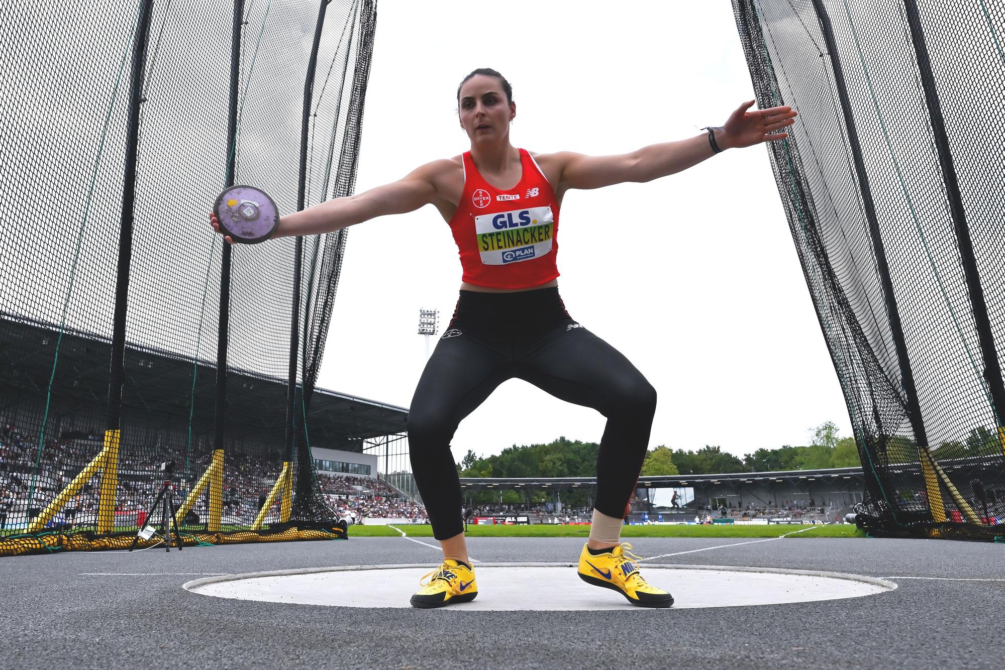 25.07.2026, Nordrhein-Westfalen, Bochum: Leichtathletik: Deutsche Meisterschaft im Lohrheidestadion, Frauen, Diskuswurf, Finale, Marike Steinacker in Aktion. Foto: Sven Hoppe/dpa +++ dpa-Bildfunk +++
