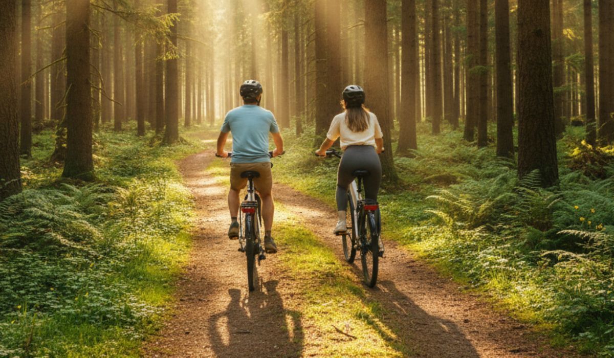 Zwei Personen fahren nebeneinander auf modernen E-Bikes durch einen sonnendurchfluteten Waldweg
