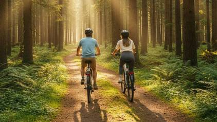 Zwei Personen fahren nebeneinander auf modernen E-Bikes durch einen sonnendurchfluteten Waldweg