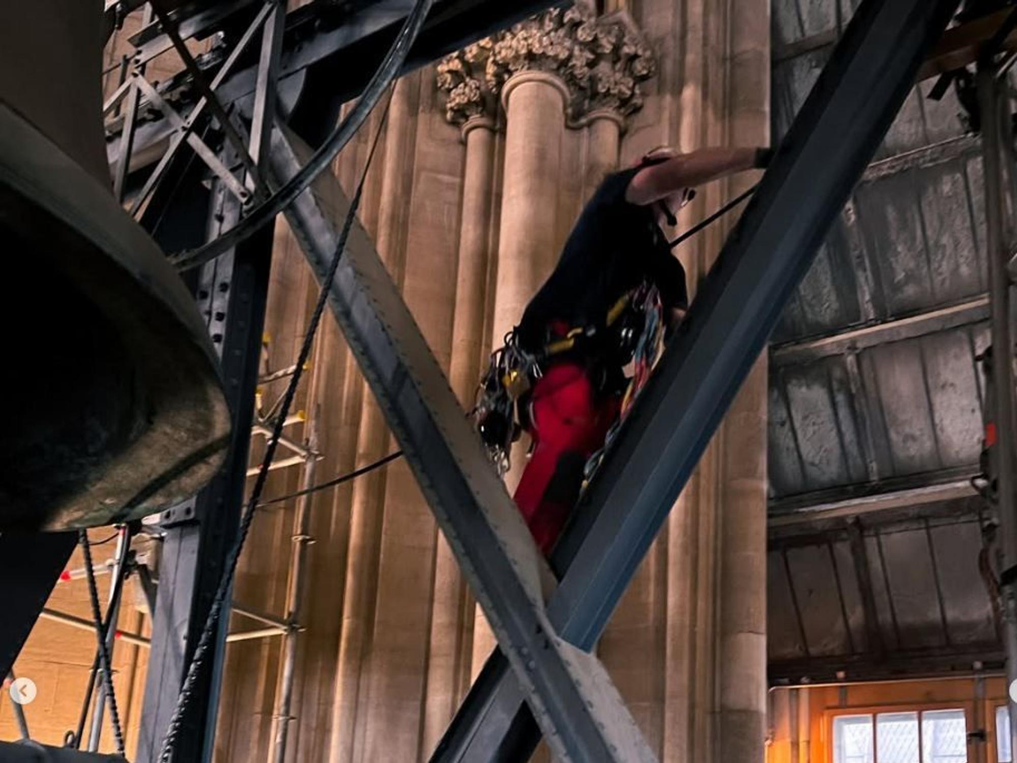 Mit Helmen und Sicherungsseilen war die Kölner Feuerwehr im Dom im Einsatz.