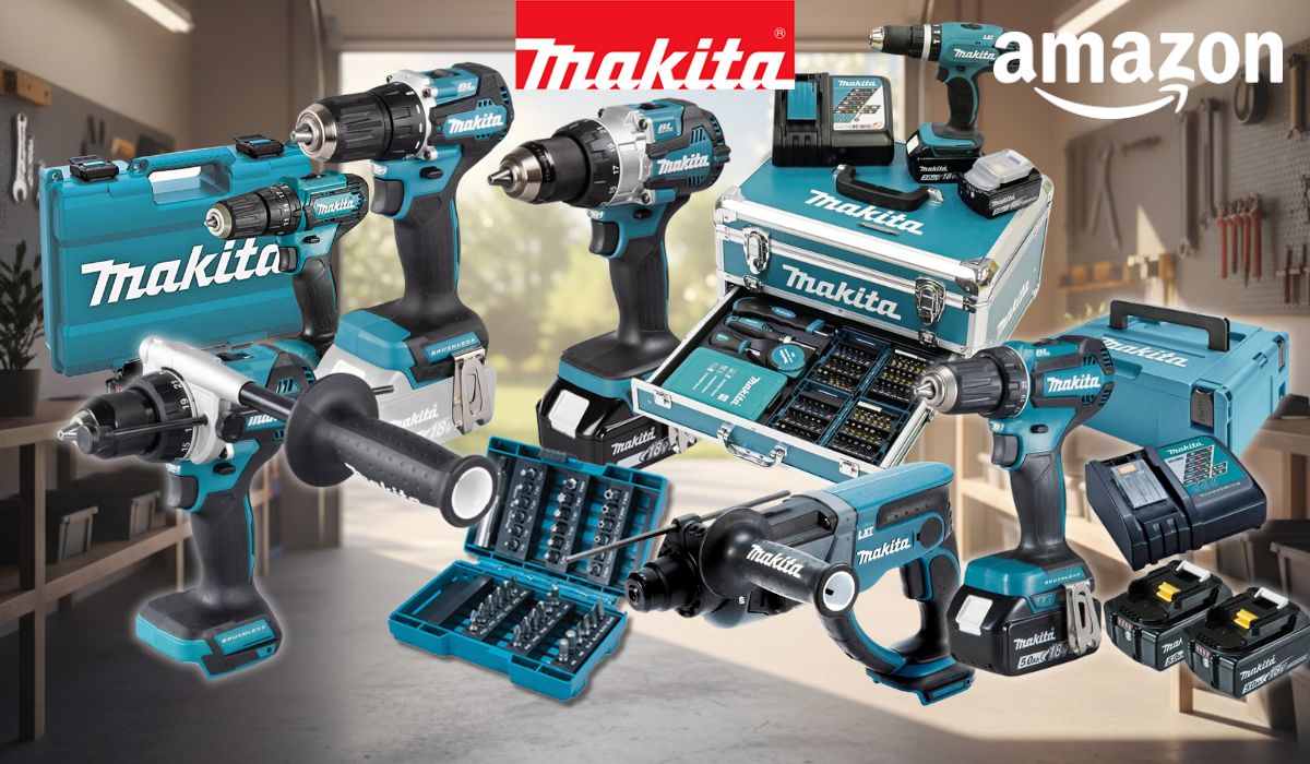 Collage mehrerer Makita-Werkzeuge in charakteristischem Türkis-Schwarz vor einem weich unscharfen Werkstatthintergrund. Zu sehen sind verschiedene Akku-Bohrschrauber, ein Bohrhammer, ein Bit- und Zubehör-Set in einem Aluminium-Koffer, mehrere Makita-Transportkoffer sowie Akkus und ein Ladegerät. Links oben das Amazon-Logo, oben mittig das Makita-Logo in Rot.