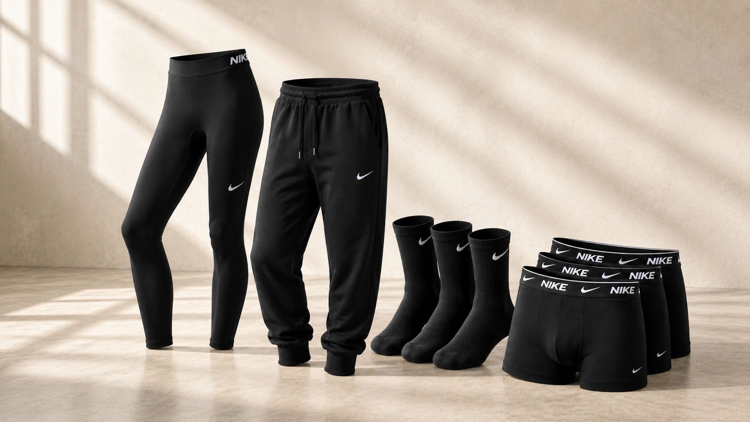 Nike Kleidungsstücke wie Trainingshose, Socke, Boxershorts stehen in einem leeren Raum.