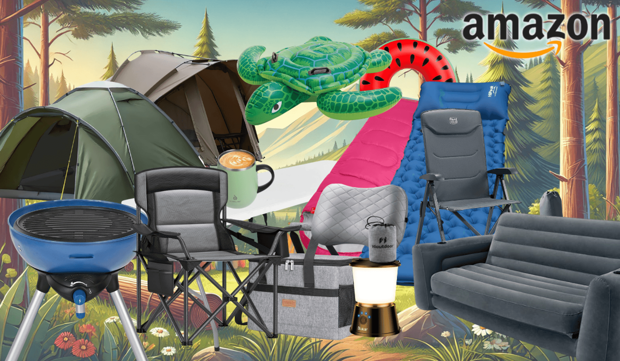 Auf dem Bild ist eine Collage aus diversen Camping Produkten zu sehen, die sich aktuell im Amazon Sale befinden.