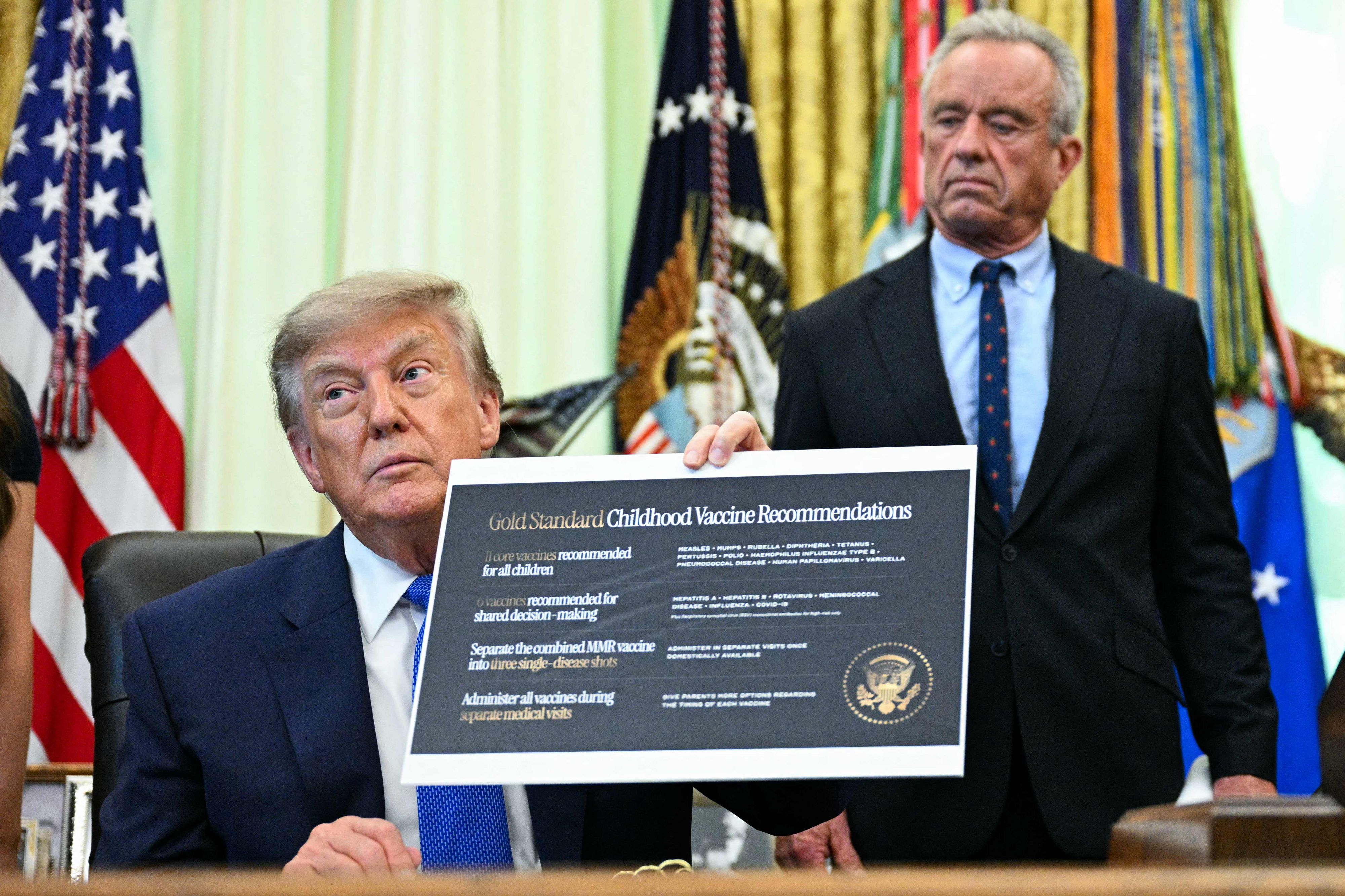 US-Präsident Donald Trump und sein Gesundheitsminister Robert F. Kennedy Jr, bei der Vorstellung des Dekrets mit neuen Impfempfehlungen für Kinder.