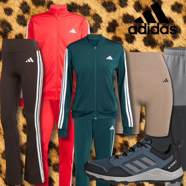 Kleidung von adidas auf einem Animal Print Hintergrund abgebildet.