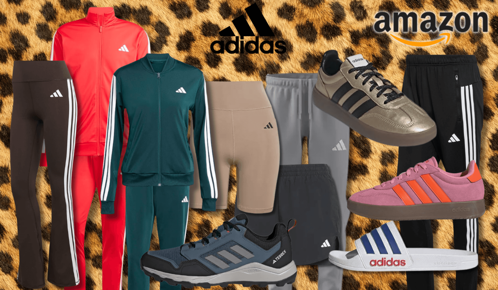 Kleidung von adidas auf einem Animal Print Hintergrund abgebildet.