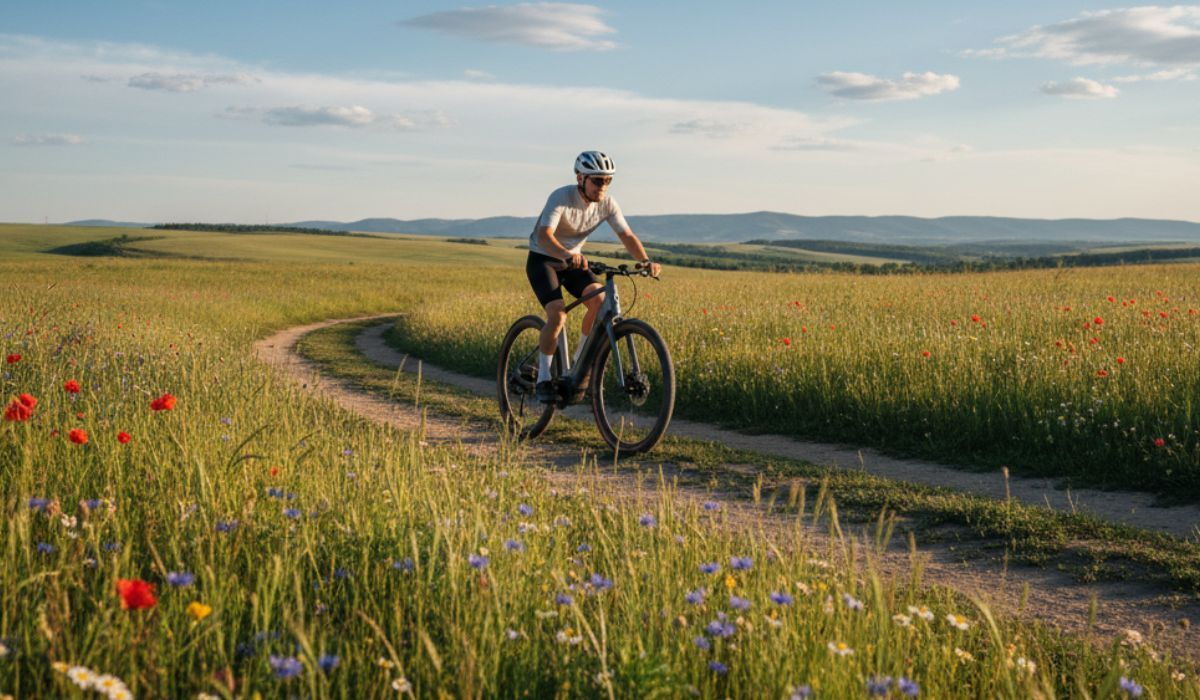 Person fährt mit einem E-Bike auf einem Landweg durch blühende Sommerwiesen unter blauem Himmel