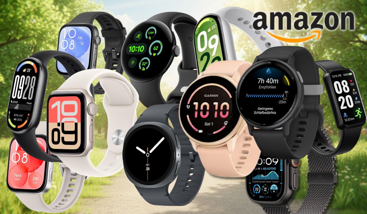 Collage mehrerer Smartwatches verschiedener Marken – darunter Apple, Samsung, Google Pixel, Garmin und Huawei – vor einem hellen, grünen Hintergrund. Ein blaues Störer-Element weist auf Rabatte von bis zu 39 Prozent zur UVP im Amazon-Sale hin.