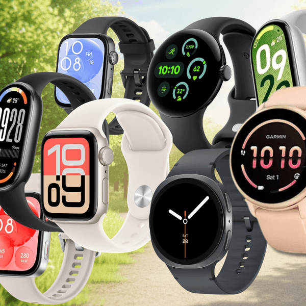 Collage mehrerer Smartwatches verschiedener Marken – darunter Apple, Samsung, Google Pixel, Garmin und Huawei – vor einem hellen, grünen Hintergrund. Ein blaues Störer-Element weist auf Rabatte von bis zu 39 Prozent zur UVP im Amazon-Sale hin.