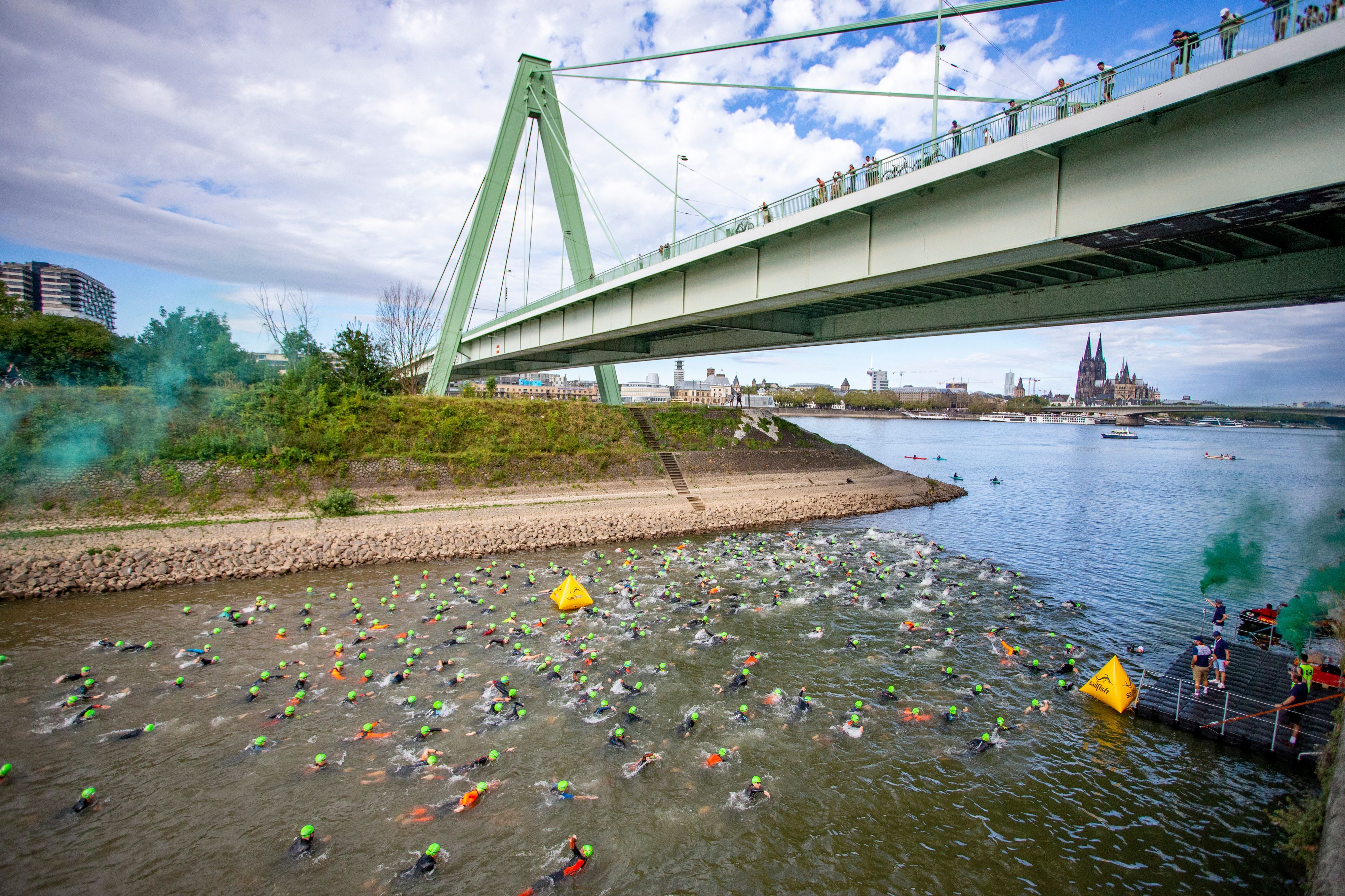 Schwimmer beim Triathlon Köln starten mit Blick auf den Kölner Dom.