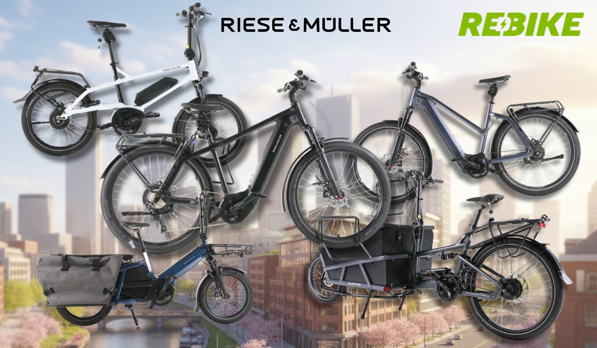4 verschiedene Riese & Müller E-Bikes vor einem Fahrradweg am Waldran neben einem Fluss.