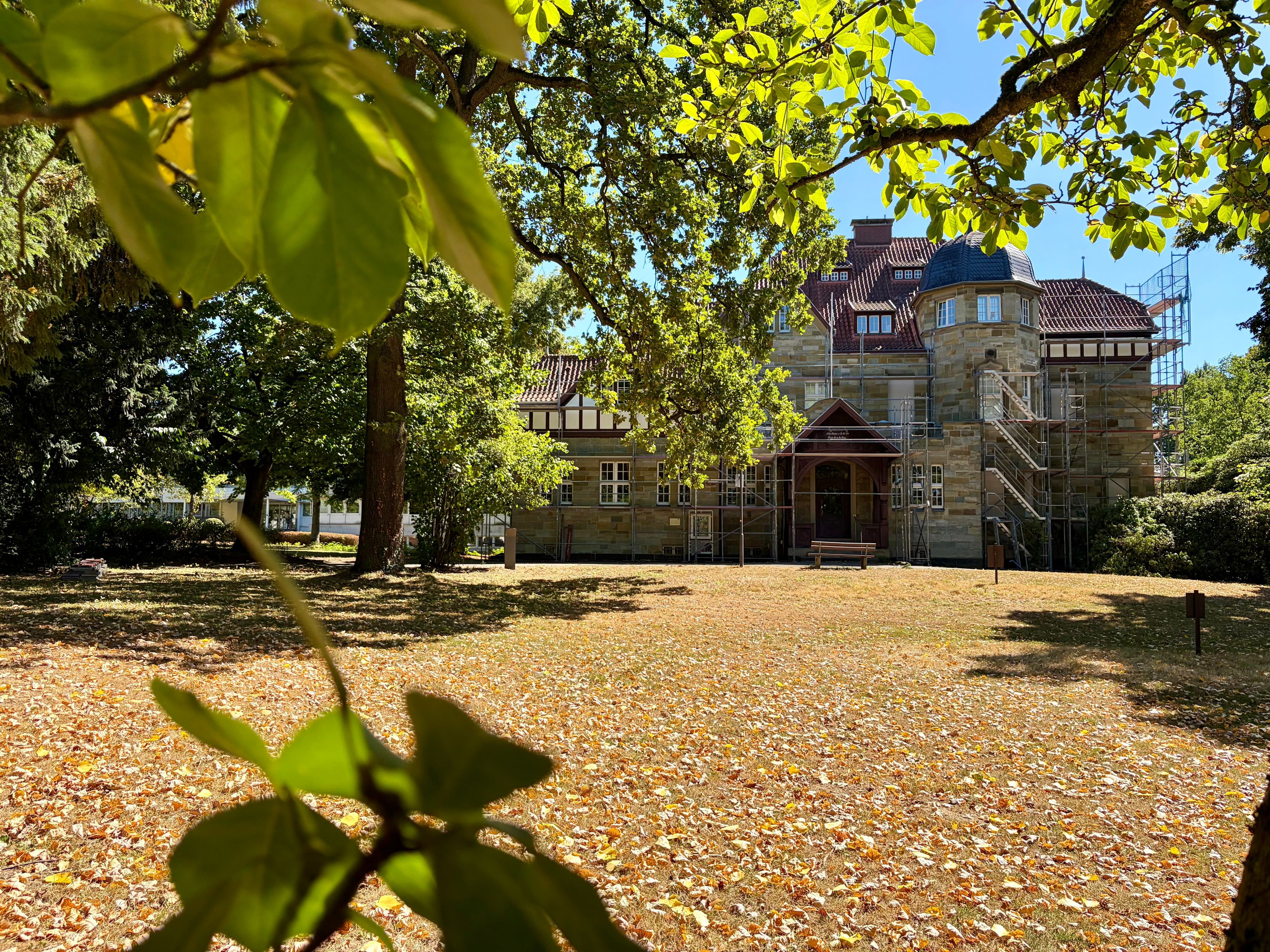 Der hochsommerlich trockene Park an der Villa Römer.