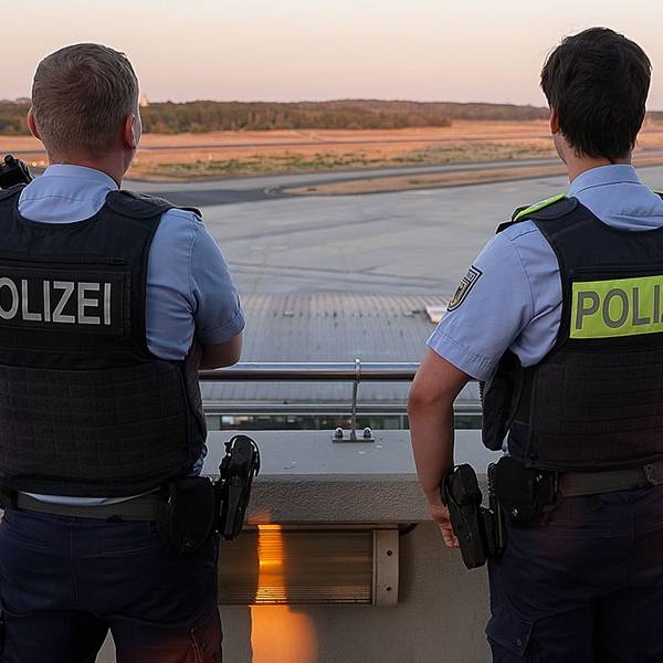 Einsatzkräfte der Polizei blicken auf das Gelände des Flughafens Köln/Bonn.