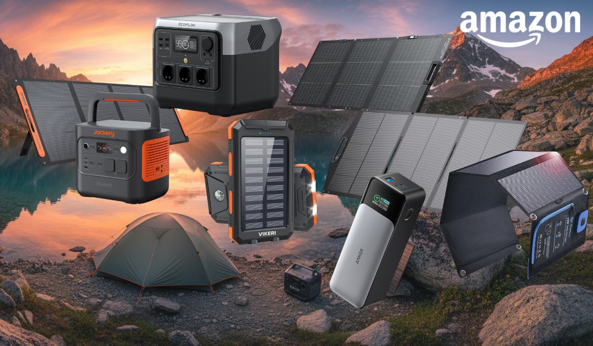 Produktcollage vor dramatischer Bergkulisse mit Bergsee und Sonnenuntergang: Powerstation von Jackery (orange-schwarz) mit aufgeklapptem Solarpanel, EcoFlow-Powerstation mit mehreren Steckdosen, Anker-Powerbank mit faltbarem Solarpanel, Solar-Powerbank von Vikeri sowie weitere faltbare Solarpanele und ein Zelt im Vordergrund.