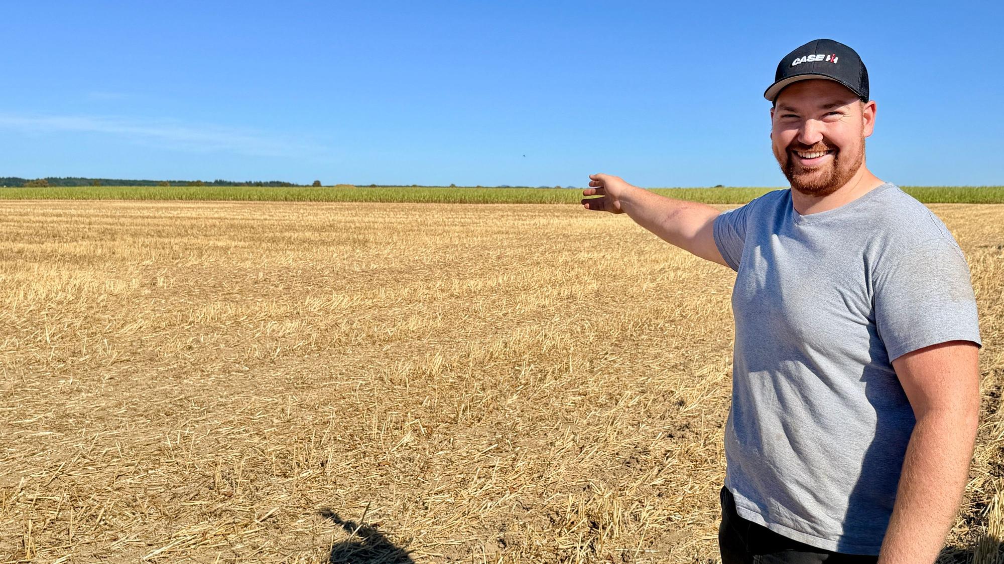 Ein junger Landwirt zeigt auf das Feld, auf dem sie Rohrweihe gebrütet hat.