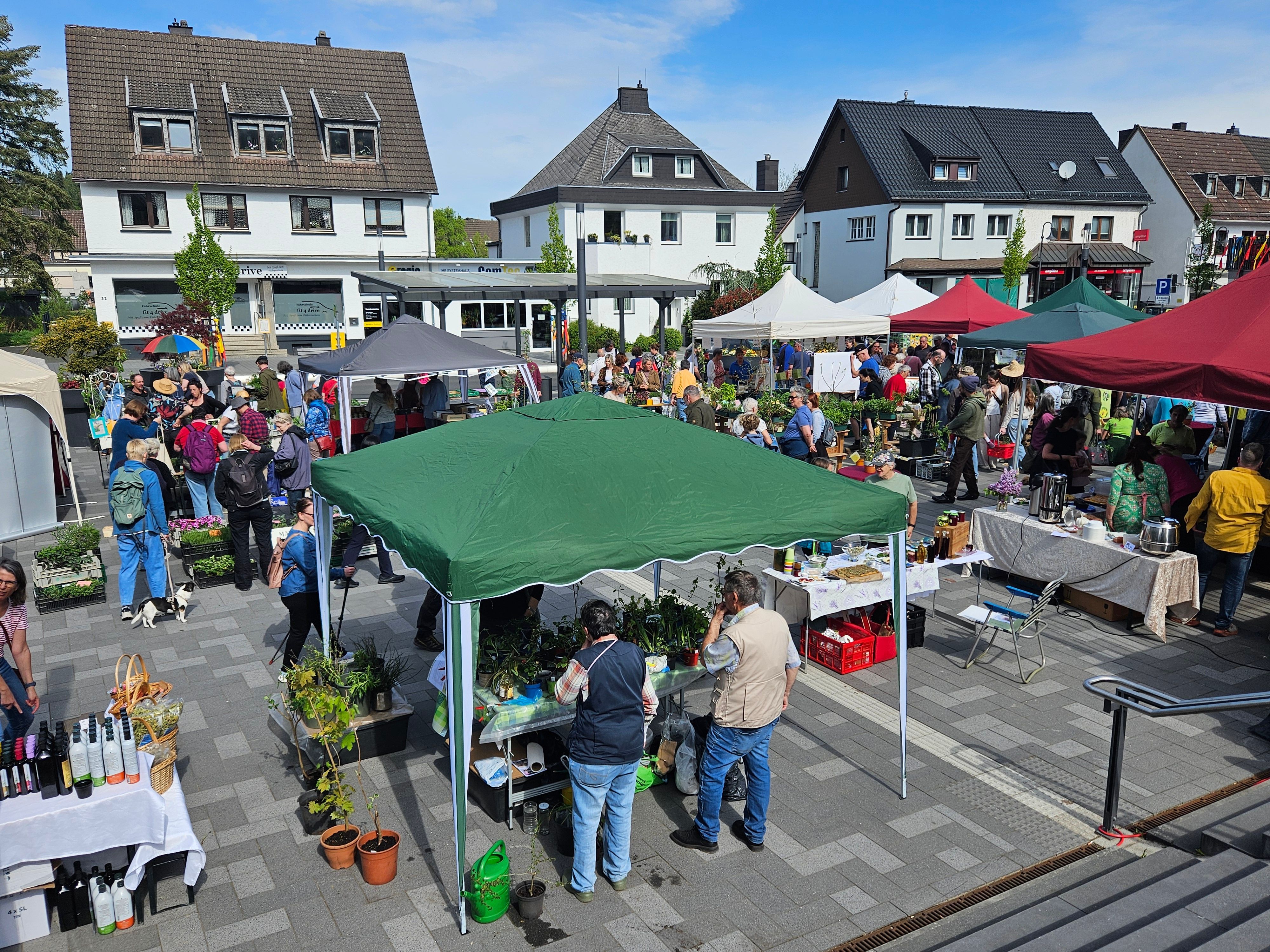 An verschiedenen Pavillons mit Pflanzen stehen Menschen.