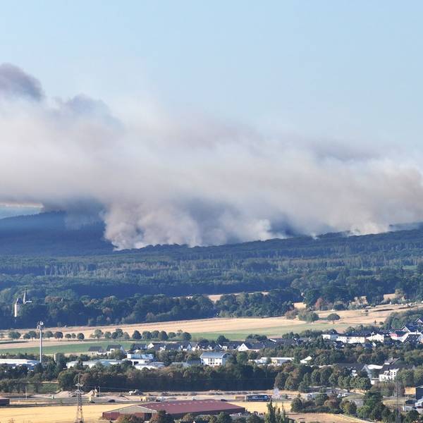 Dichter Rauch eines Waldbrands steigt über dem Hürtgenwald auf