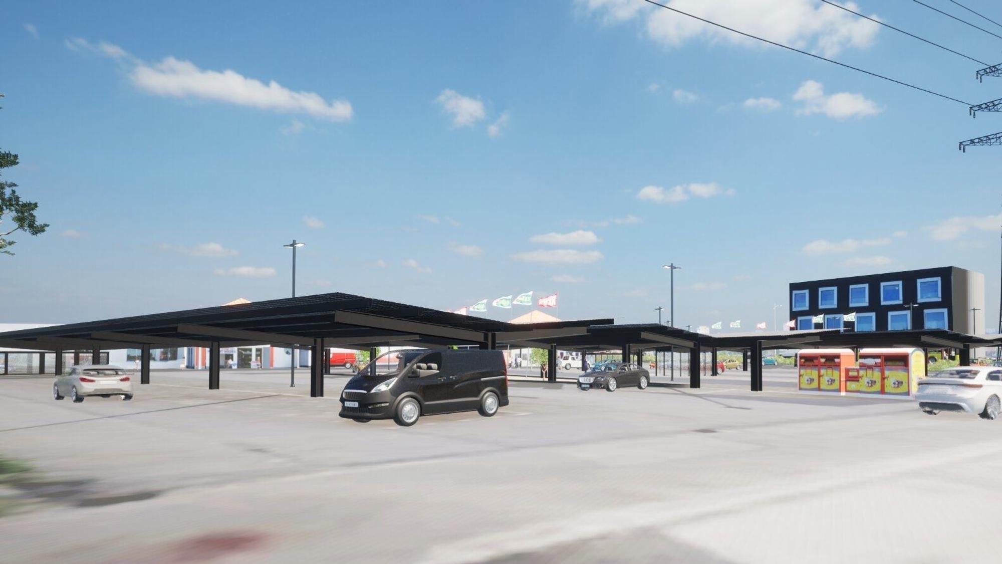 Wie ein großzügiger Carport wirkt die Freiflächen-Photovoltaik-Anlage, die in Waldbröl ab Oktober oder spätestens ab November auf einem Parkplatz gebaut wird.