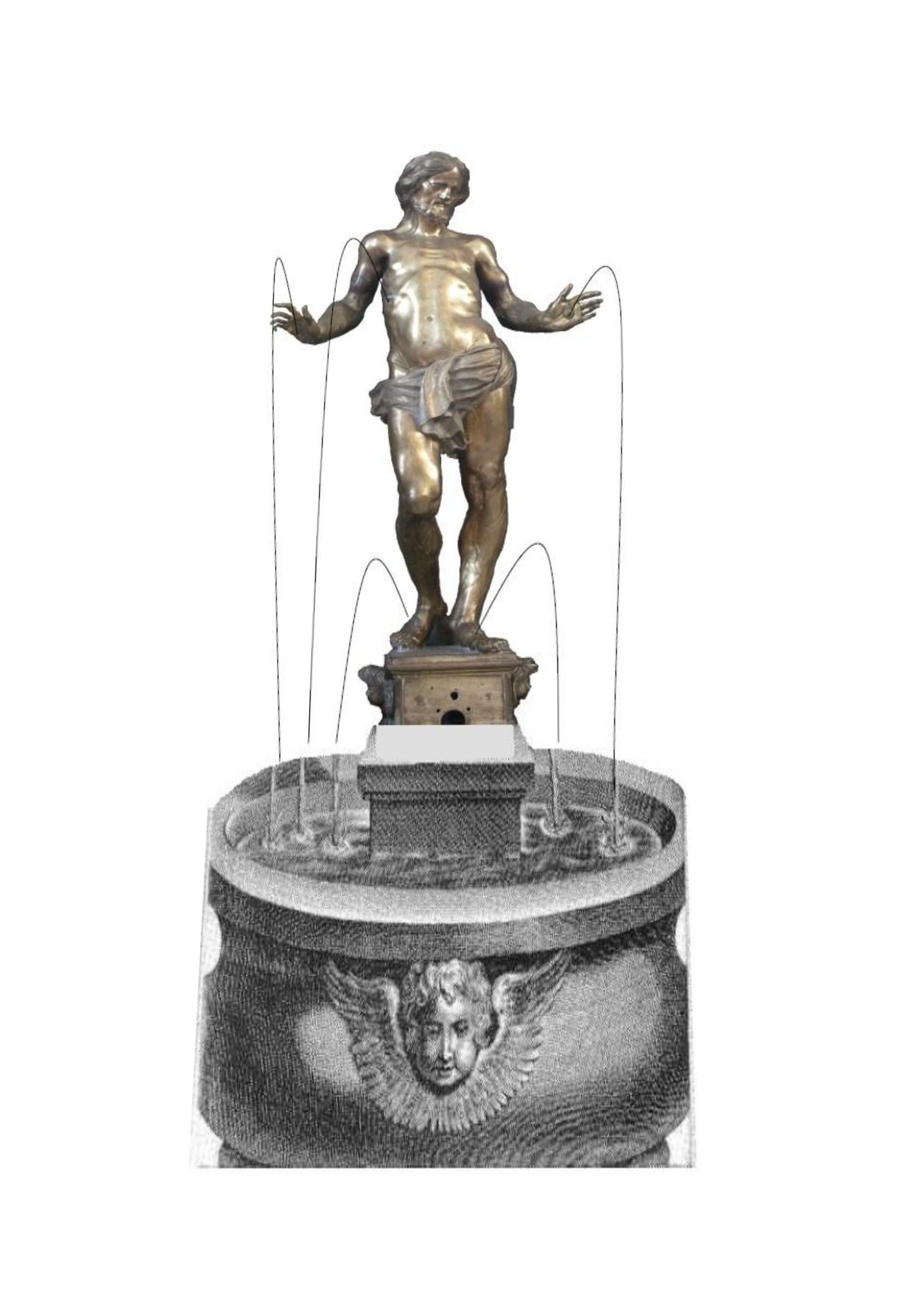 Eine Brunnenskulptur zeigt einen Mann, der Christus verkörpert und aus desen Wundmalen Waser fließt.