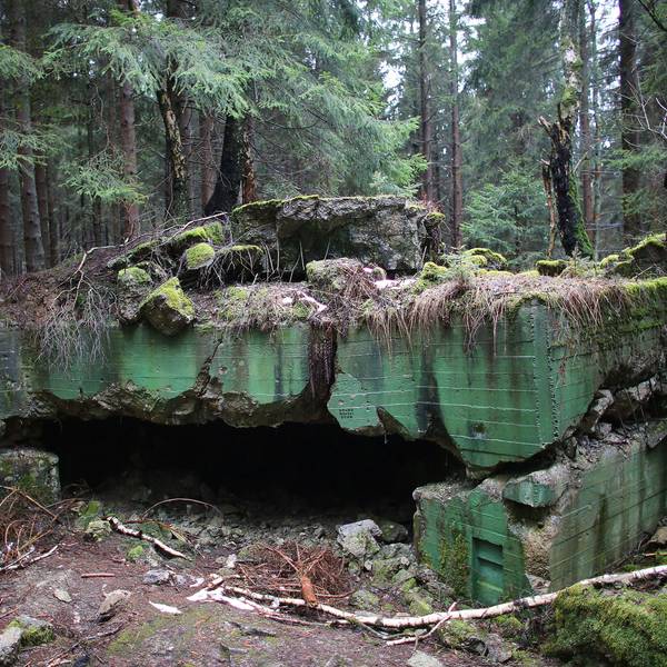 Reste einer gesprengten Bunkeranlage liegen in Vossenack bei Hürtgenwald (Nordrhein-Westfalen) im Wald.
