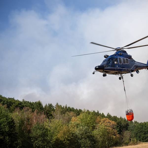 Ein Helikopter der Bundespolizei mit einem Löschwasser-Außenlastbehälter ist beim Waldbrand im Hürtgenwald im Einsatz.