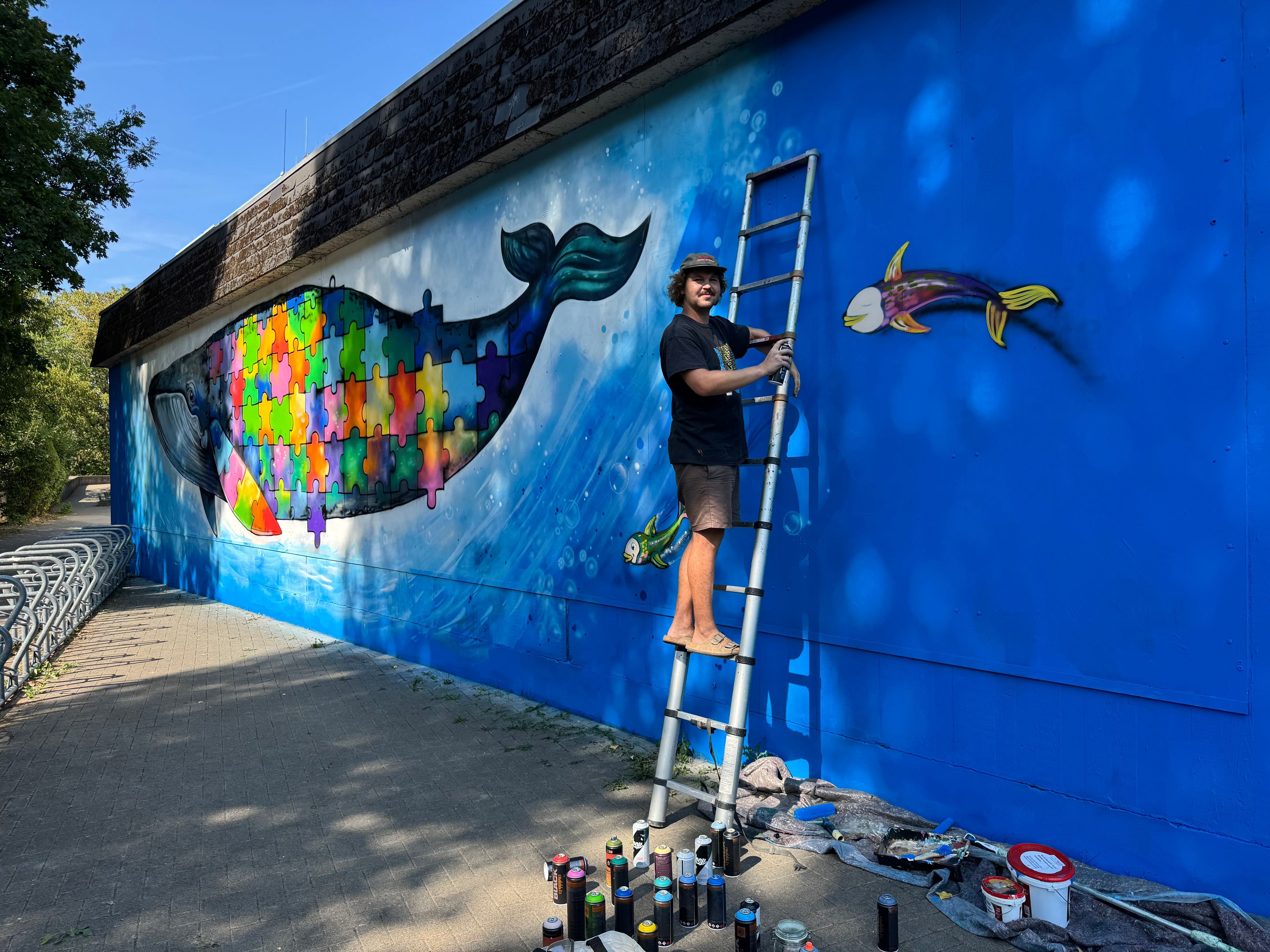 Der Solinger Künstler Eric Ventker arbeitet am Feinschliff seines neusten Graffitis.
