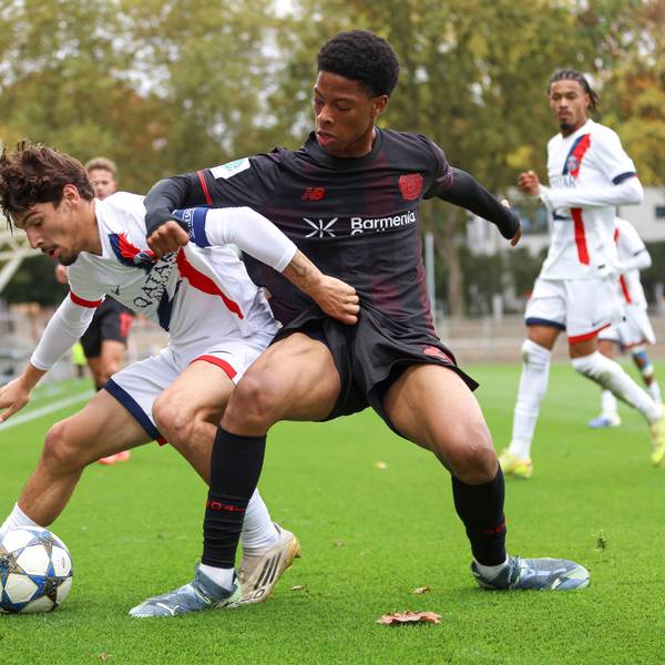 Thomas Cordier FC Paris Saint-Germain U19 und Ivan Massek Bayer Leverkusen U19 battle for the ball during the UEFA Youth League 2025/26 match between Bayer 04 Leverkusen and Paris Saint-Germain on October 21, 2025 in Leverkusen, Germany. Photo by Oliver Kaelke/DeFodi Images *** not used for Axel Springer / ZDF *** Thomas Cordier FC Paris Saint Germain U19 and Ivan Massek Bayer Leverkusen U19 battle for the ball during the UEFA Youth League 2025 26 match between Bayer 04 Leverkusen and Paris Saint Germain on October 21, 2025 in Leverkusen, Germany Photo by Oliver Kaelke DeFodi Images not used for Axel Springer ZDF