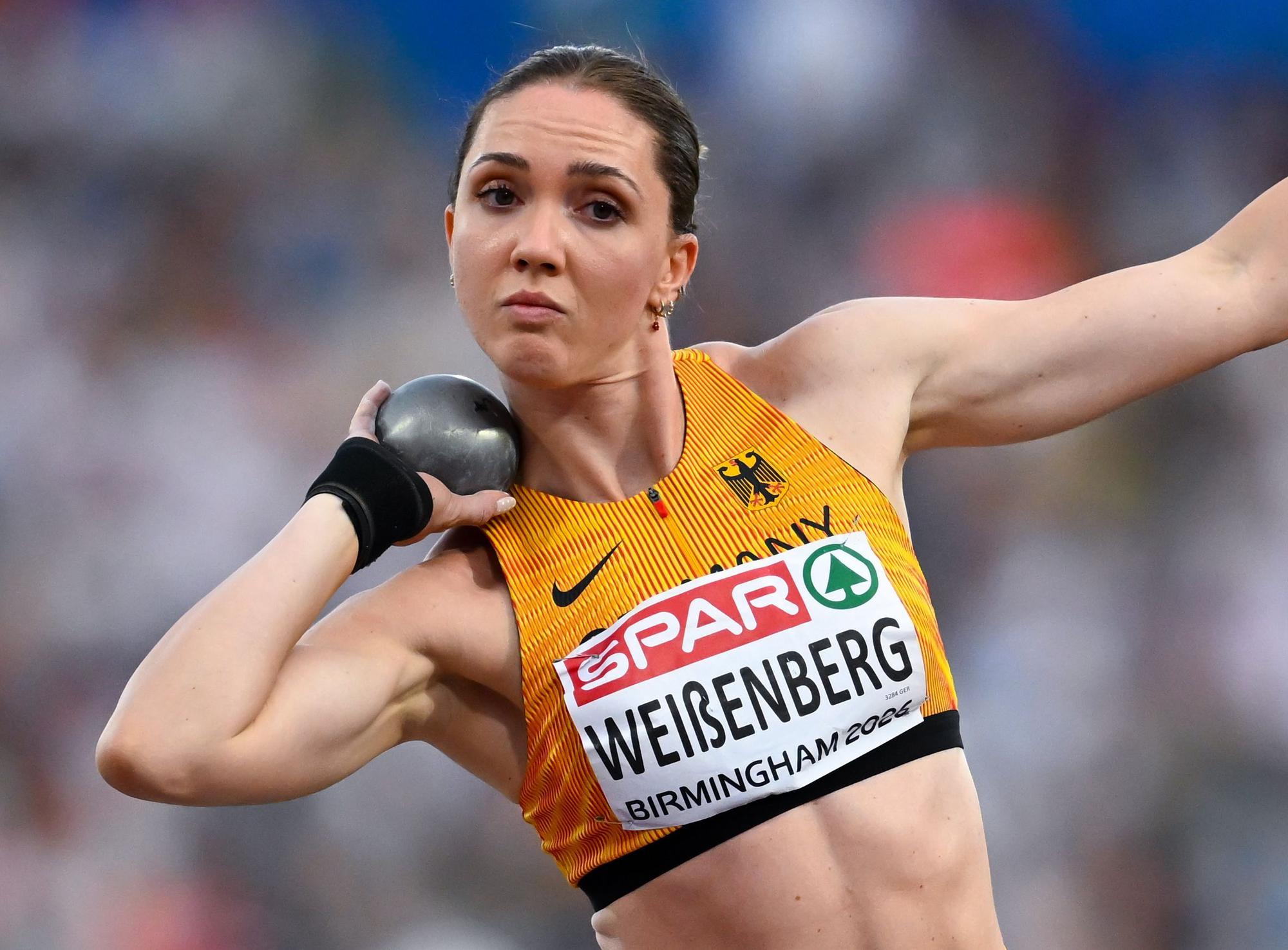 14.08.2026, Großbritannien, Birmingham: Leichtathletik: Europameisterschaft, Frauen, Siebenkampf, Kugelstoßen, Sophie Weißenberg (Deutschland) in Aktion. Foto: Sven Hoppe/dpa +++ dpa-Bildfunk +++
