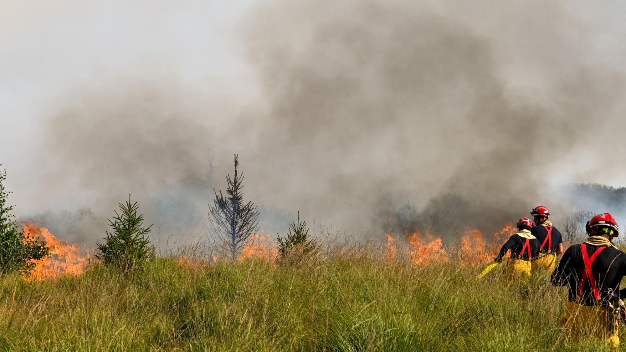 Kräfte der belgischen Feuerwehr rücken im Hohen Venn gegen die Flammen an.