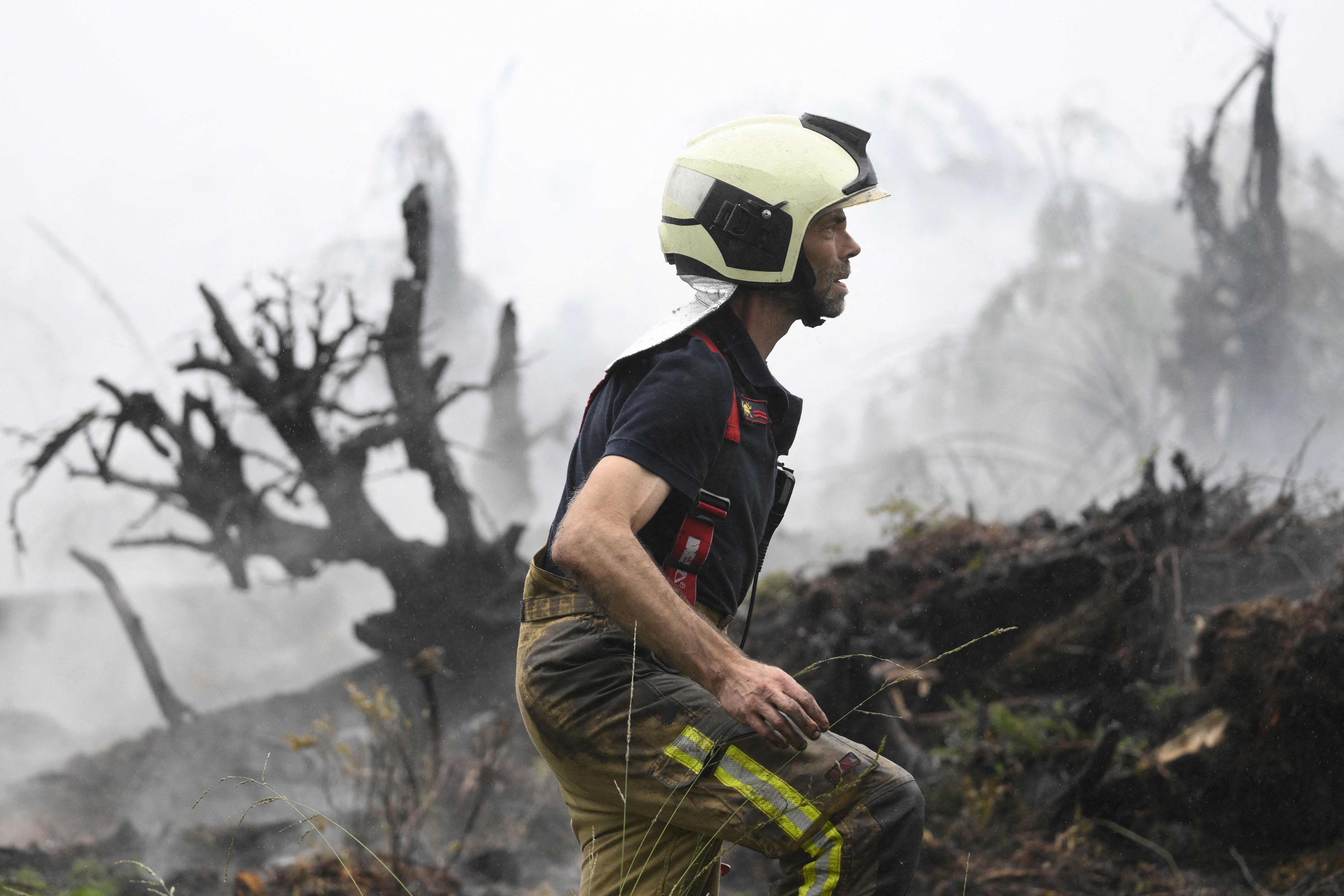Ein Feuerwehrmann in dem zerstörten Naturgebiet im Hohen Venn.