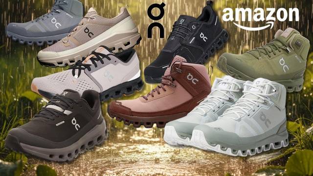 Collage von wasserdichten On Running Sneakern und Trekkingstiefeln in verschiedenen Farben vor einem regenassen Naturhintergrund mit sichtbaren Regentropfen. Mit Amazon-Logo, in der Mitte das On-Running-Logo.