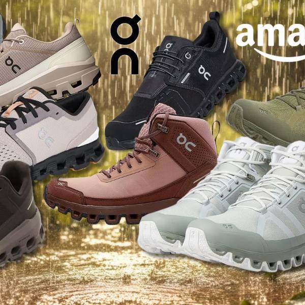 Collage von wasserdichten On Running Sneakern und Trekkingstiefeln in verschiedenen Farben vor einem regenassen Naturhintergrund mit sichtbaren Regentropfen. Mit Amazon-Logo, in der Mitte das On-Running-Logo.