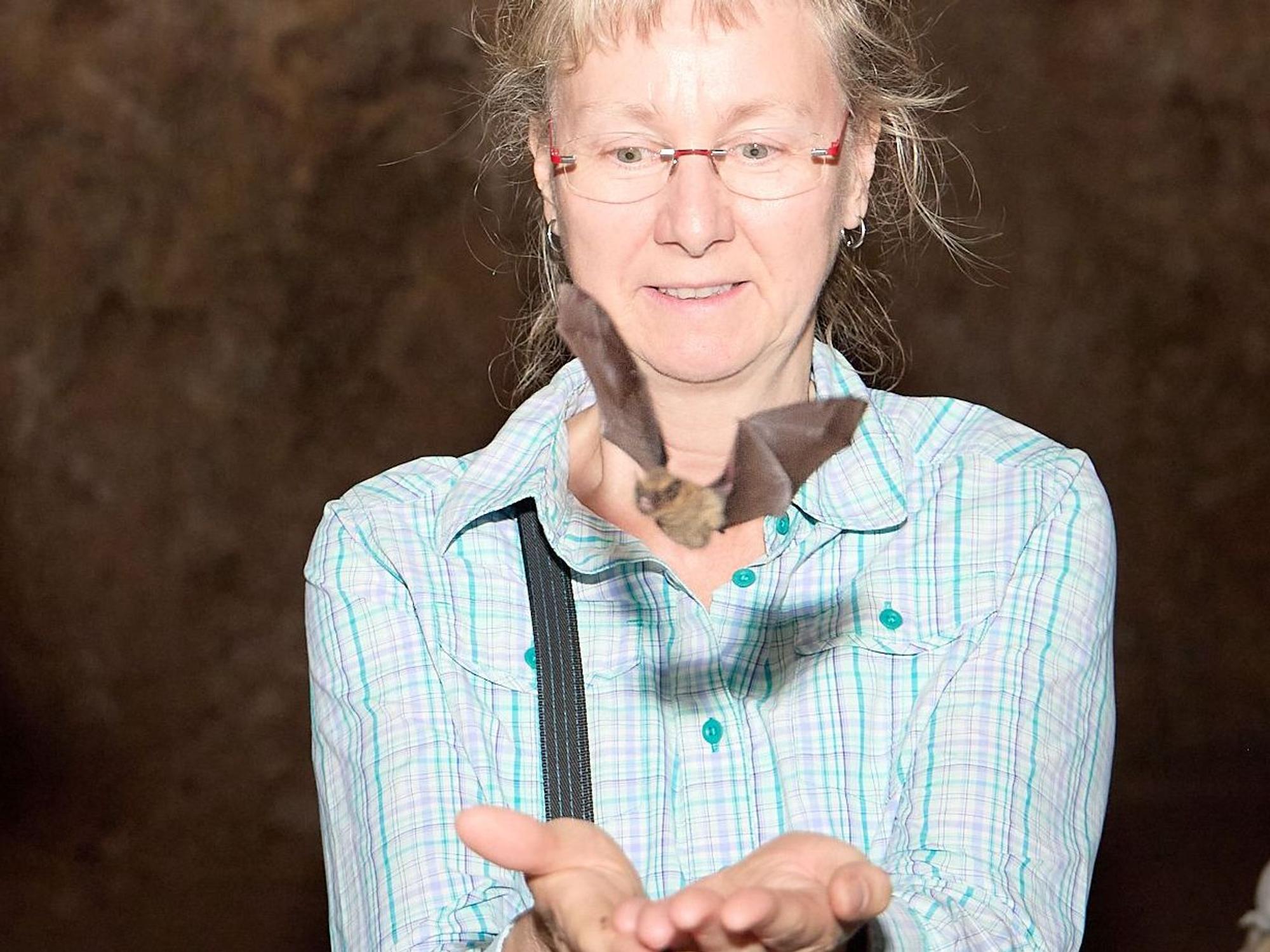 Eine Frau hat ihre Hände geöffnet. Davon fliegt eine Fledermaus weg.