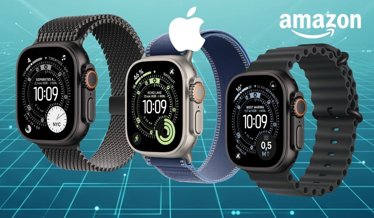 Drei Apple Watch Ultra 3 Modelle mit unterschiedlichen Armbändern in Schwarz, Blau und Titan vor türkis-grünem digitalem Gitter-Hintergrund mit Amazon-Logo