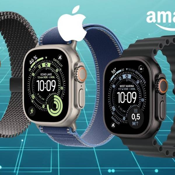 Drei Apple Watch Ultra 3 Modelle mit unterschiedlichen Armbändern in Schwarz, Blau und Titan vor türkis-grünem digitalem Gitter-Hintergrund mit Amazon-Logo