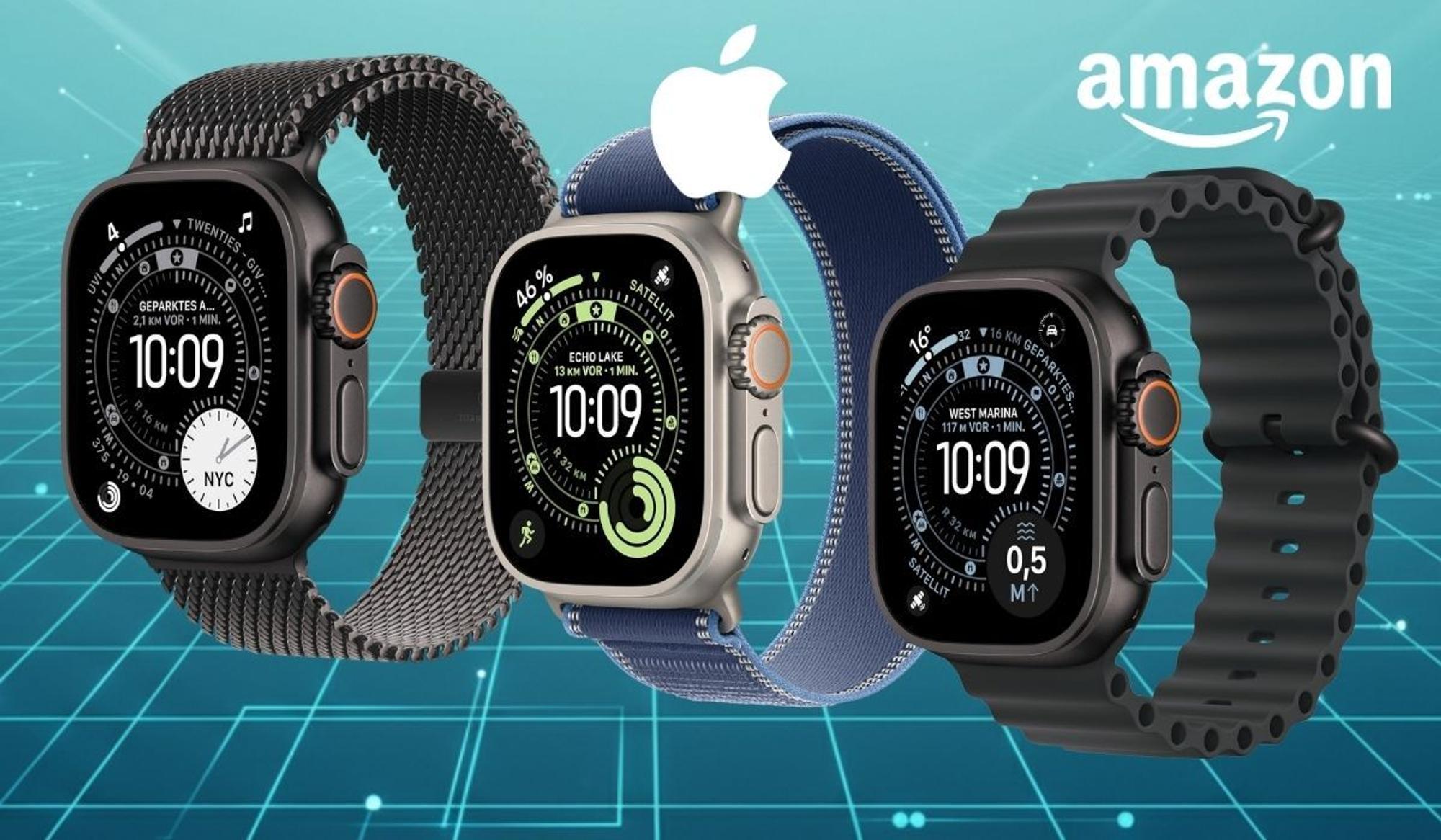 Drei Apple Watch Ultra 3 Modelle mit unterschiedlichen Armbändern in Schwarz, Blau und Titan vor türkis-grünem digitalem Gitter-Hintergrund mit Amazon-Logo