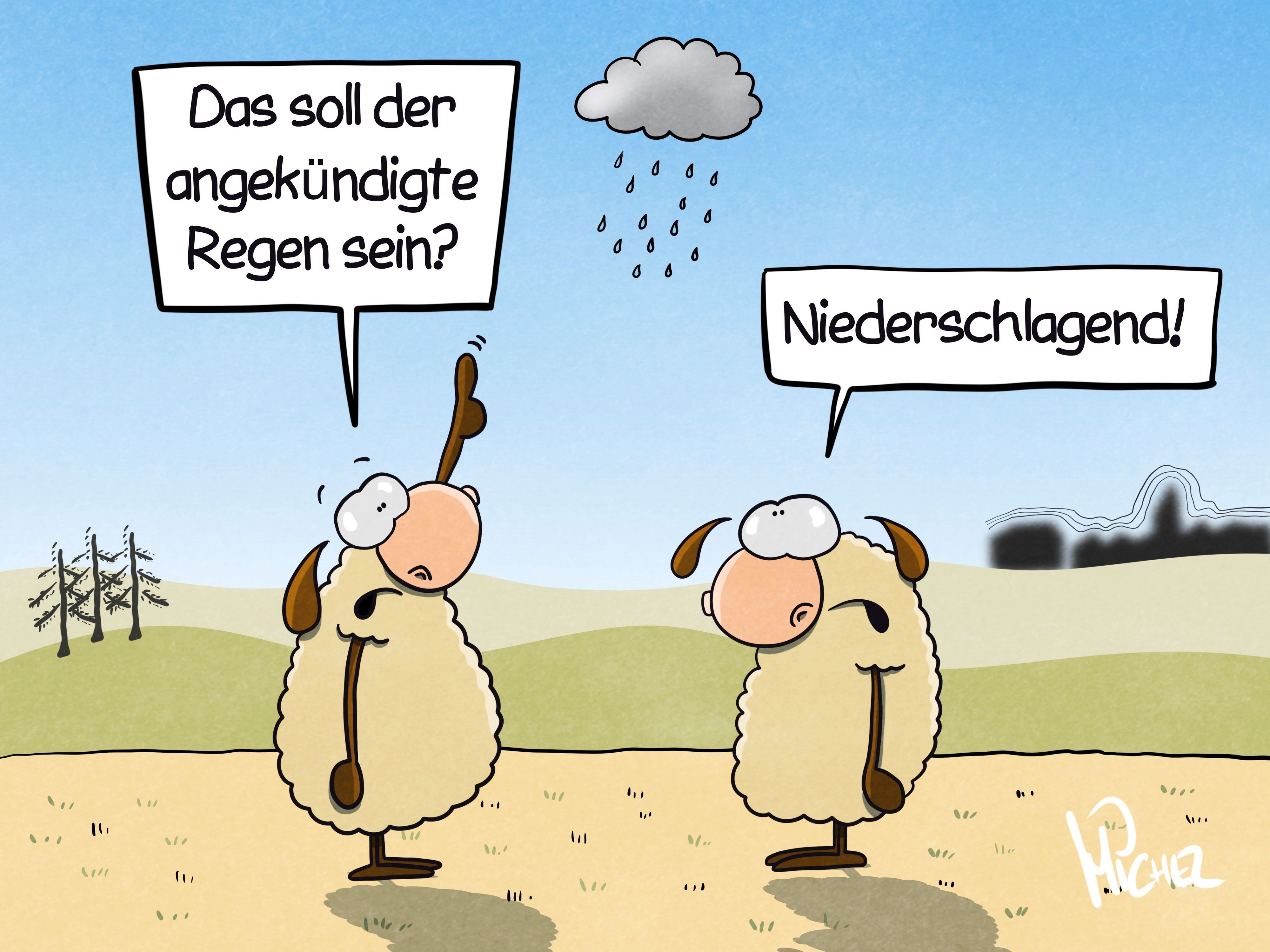 Zwei Schafe stehen auf einer trockenen Wiese. Das eine schaut nach oben in den Himmel, zeigt auf eine dunkle Regenwolke und fragt: „Das soll der angekündigte Regen sein?“ Das andere Schaf antwortet: „Niederschlagend!“