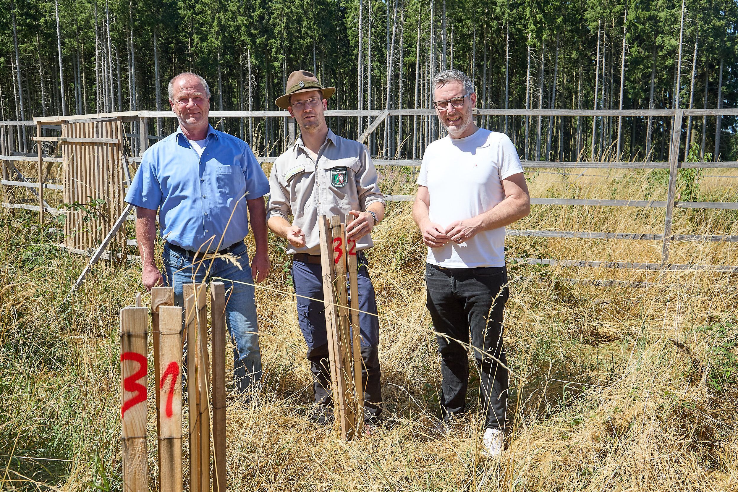 Die drei Obengenannten stehen vor einem Wildschutzgatter, vor ihnen sind Konstruktionen aus Holz zu sehen, die ebenfalls junge Bäume vor Verbiss schützen sollen.