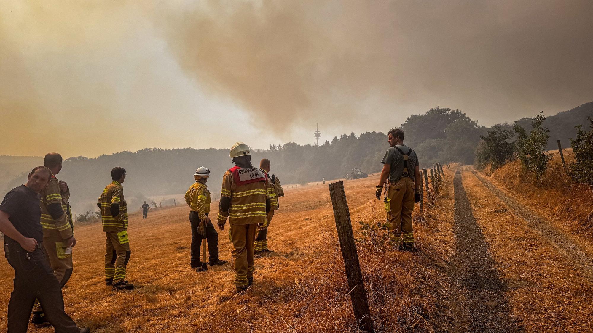 Verschiedene Einsatzkräfte stehen am 14. August 2026 auf einem Feld Nahe Hürtgenwald und blicken in Richtung eines Waldbrands, der Himmel ist rot gefärbt und durch Rauch verdunkelt.
Zum KNA-Interview mit Bischof Helmut Dieser „Im Hürtgenwald war das ganze Land für die Menschen da“