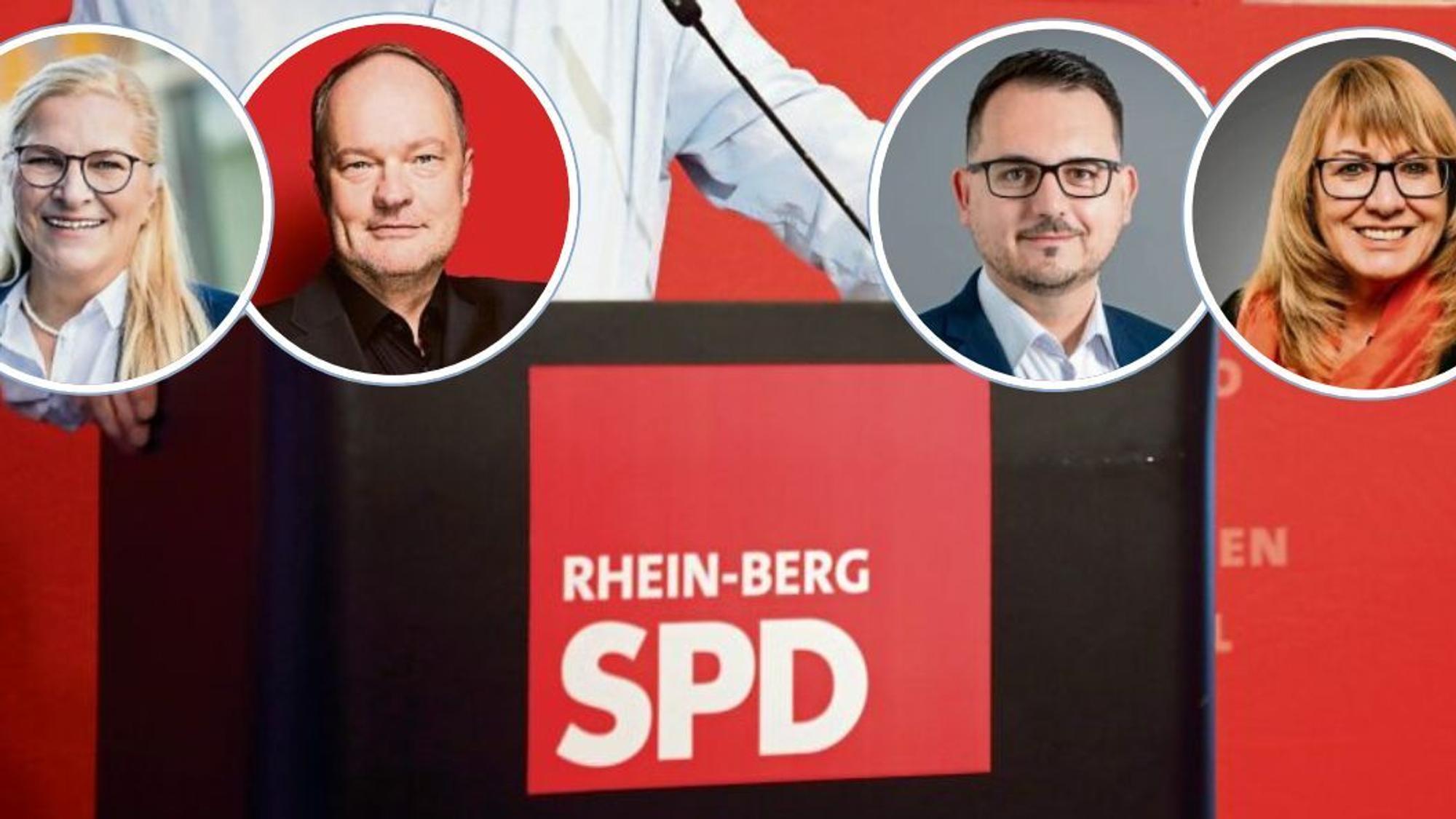 Vier Köpfe sind in runden Bildrahmen auf ein Foto von einem Rednerpult bei einem SPD-Kreisparteitag zu sehen.