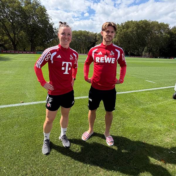 Marina Hegering und Jan Thielmann vom 1. FC Köln am Geißbockheim.