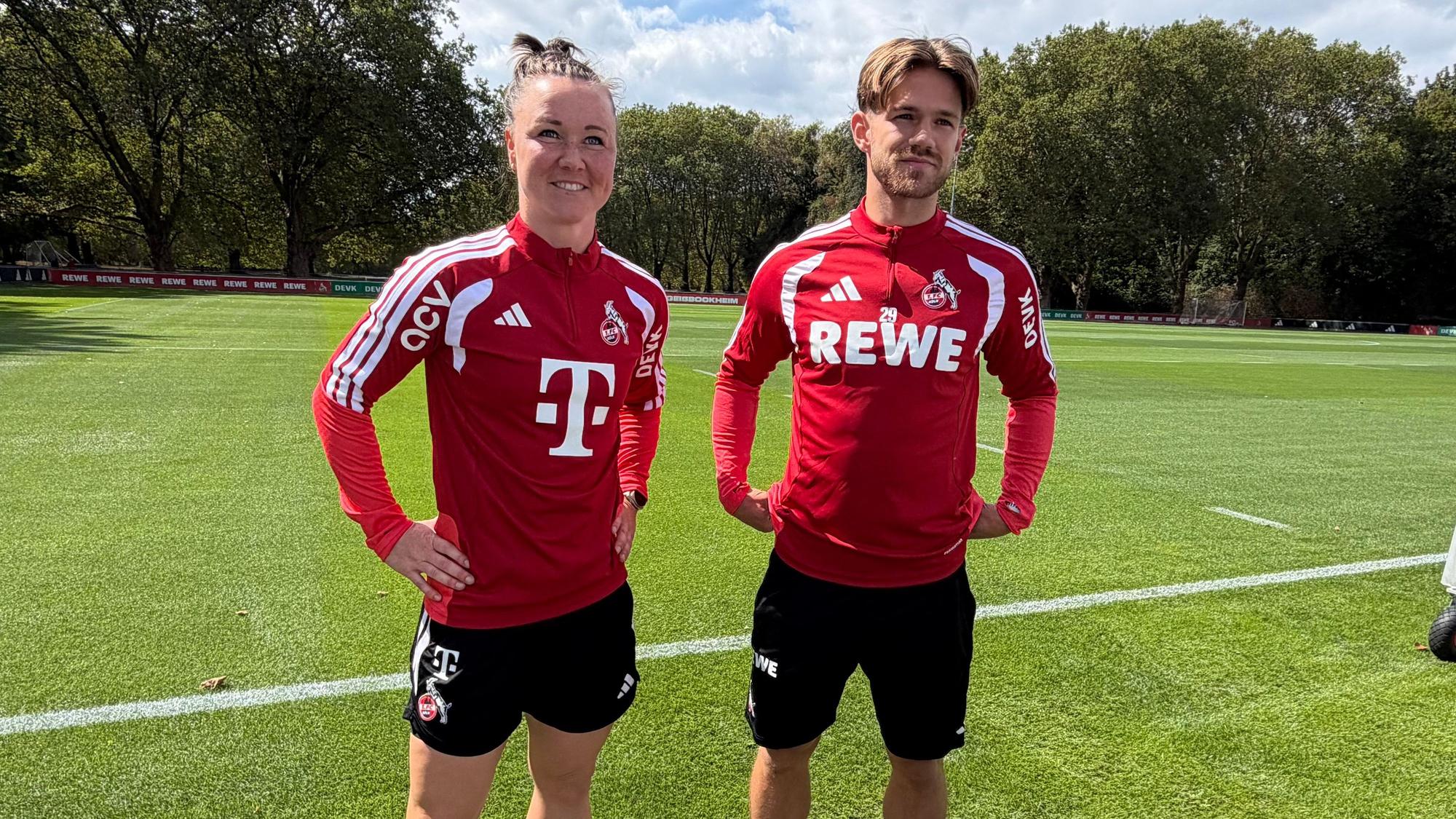 Marina Hegering und Jan Thielmann vom 1. FC Köln am Geißbockheim.